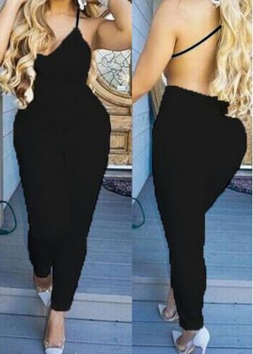 Rosewe Solid Black Strappy Ankle Length Jumpsuit
