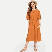 Shein Bishop Sleeve Single Breasted Plain Dress