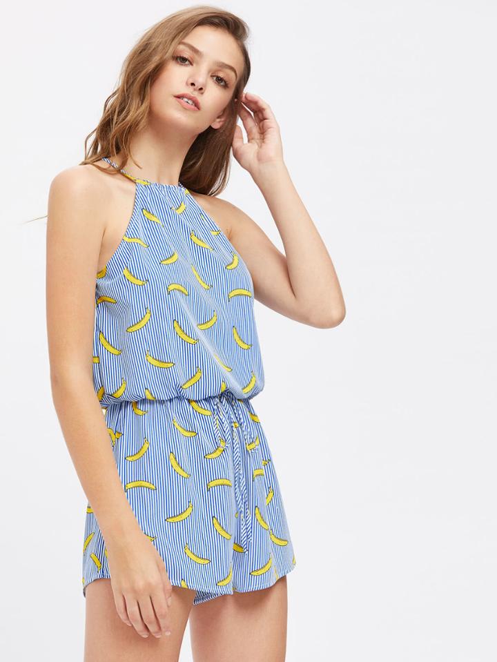 Shein Banana Print Split Back Drawstring Halter And Waist Romper