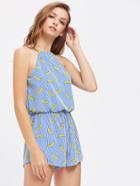 Shein Banana Print Split Back Drawstring Halter And Waist Romper