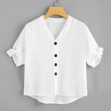 Shein Single Breasted Knot Sleeve Dip Hem Blouse