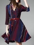 Shein Burgundy Color Block V Neck Striped Belted Dress