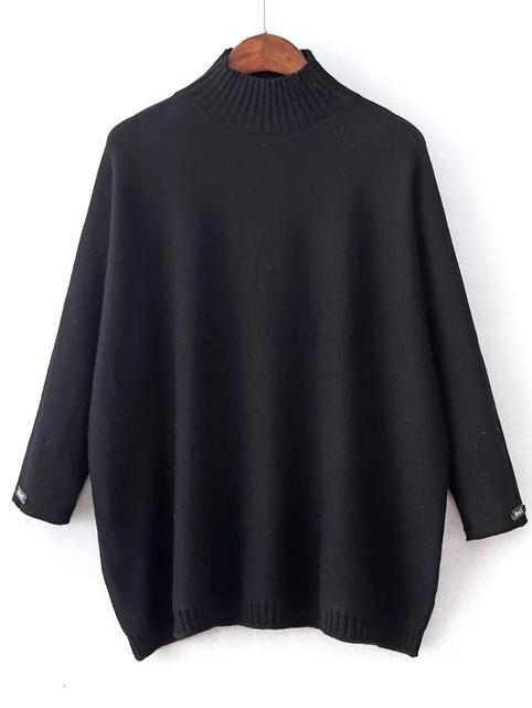 Shein Black Mock Neck Patch Detail Loose Sweater