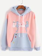 Shein Color Block Hooded Cats Embroidered Pocket Sweatshirt