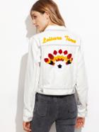 Shein White Contrast Stitch Jacket With Embroidered Detail