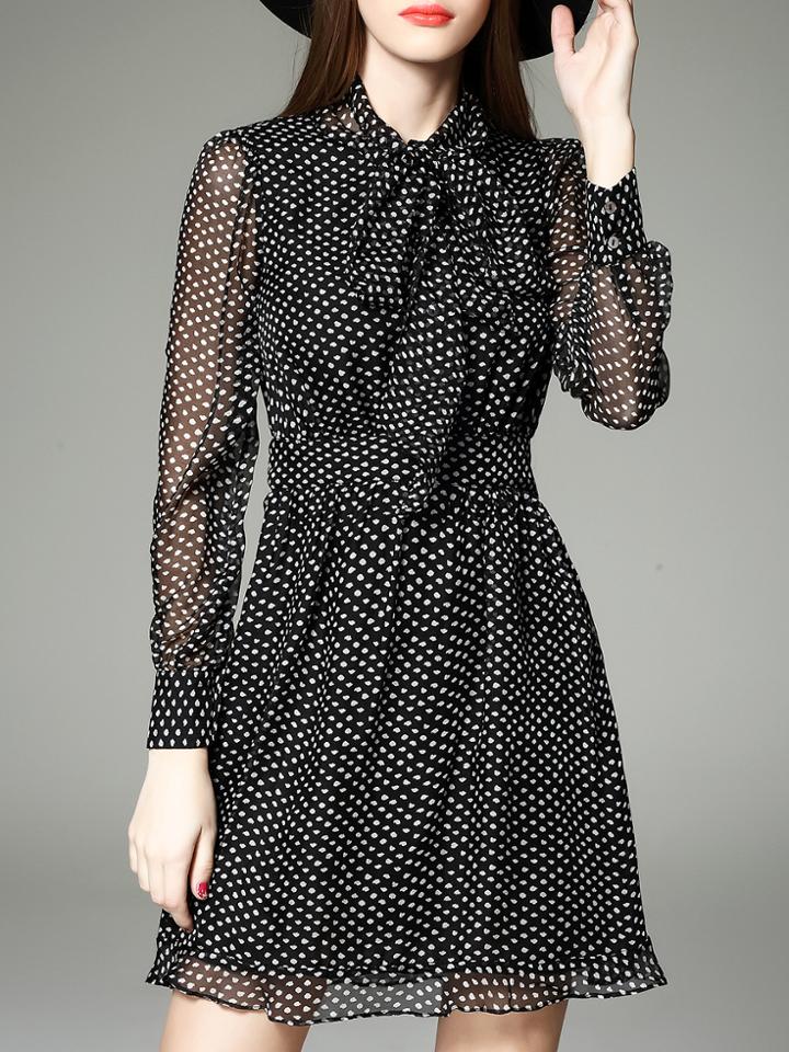 Shein Black Tie Neck Polka Dot Frill Dress