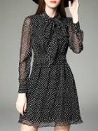 Shein Black Tie Neck Polka Dot Frill Dress