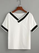 Shein White V Neck Striped Trim T-shirt