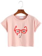 Shein Glasses Man Print Crop T-shirt - Pink