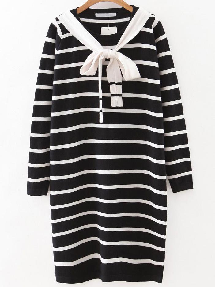 Shein Black Striped Sweater Dress With Tie
