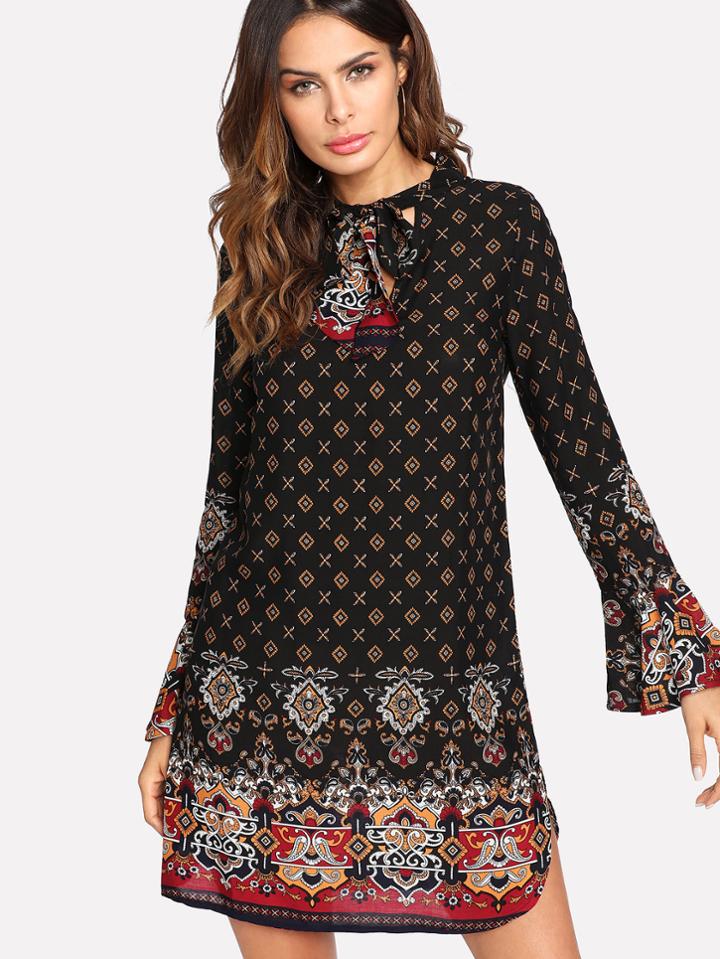 Shein Ruffle Cuff Tied Neck Dress