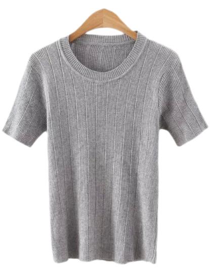 Shein Grey Round Neck Vertical Stripe Knitted T-shirt