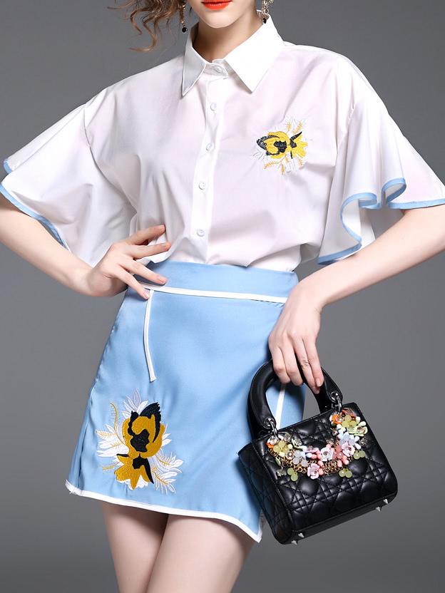 Shein Bell Sleeve Top With Embroidered Skirt