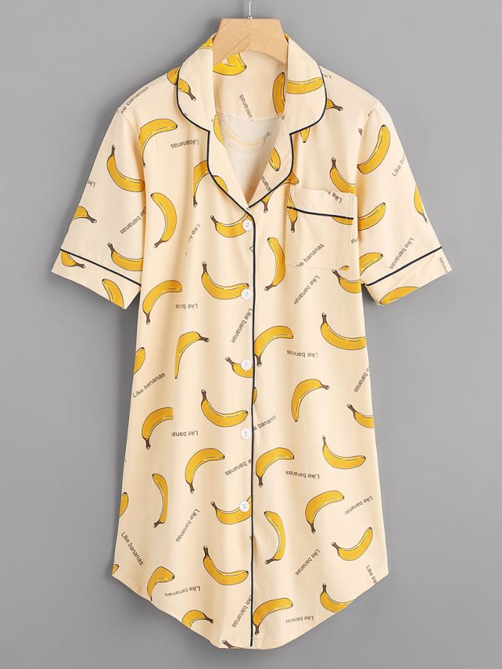 Shein Banana Print Shirt Sleep Dress