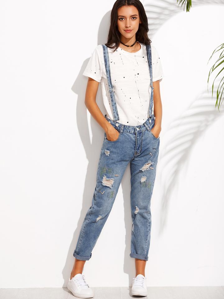 Shein Blue Ripped Embroidered Denim Jeans With Strap
