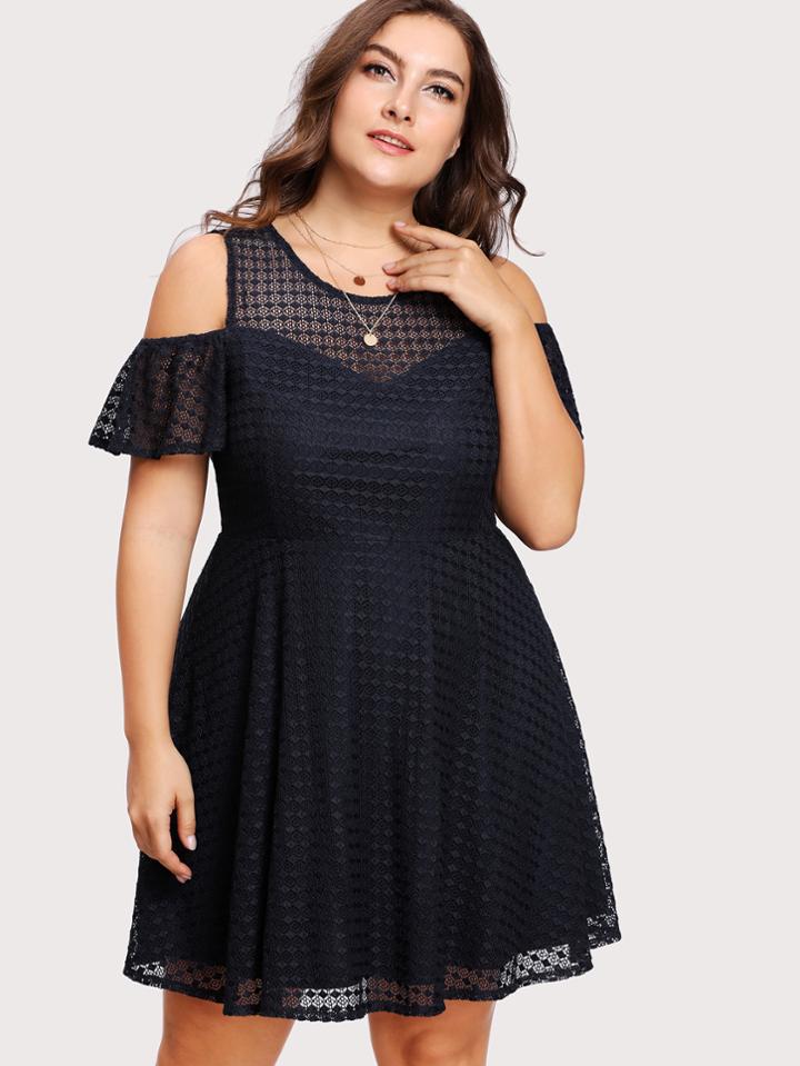 Shein Lace Yoke Open Shoulder Fitted & Flared Dress