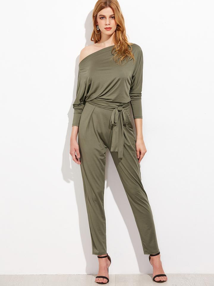 Shein Asymmetric Bardot Belted Tapered Jumpsuit