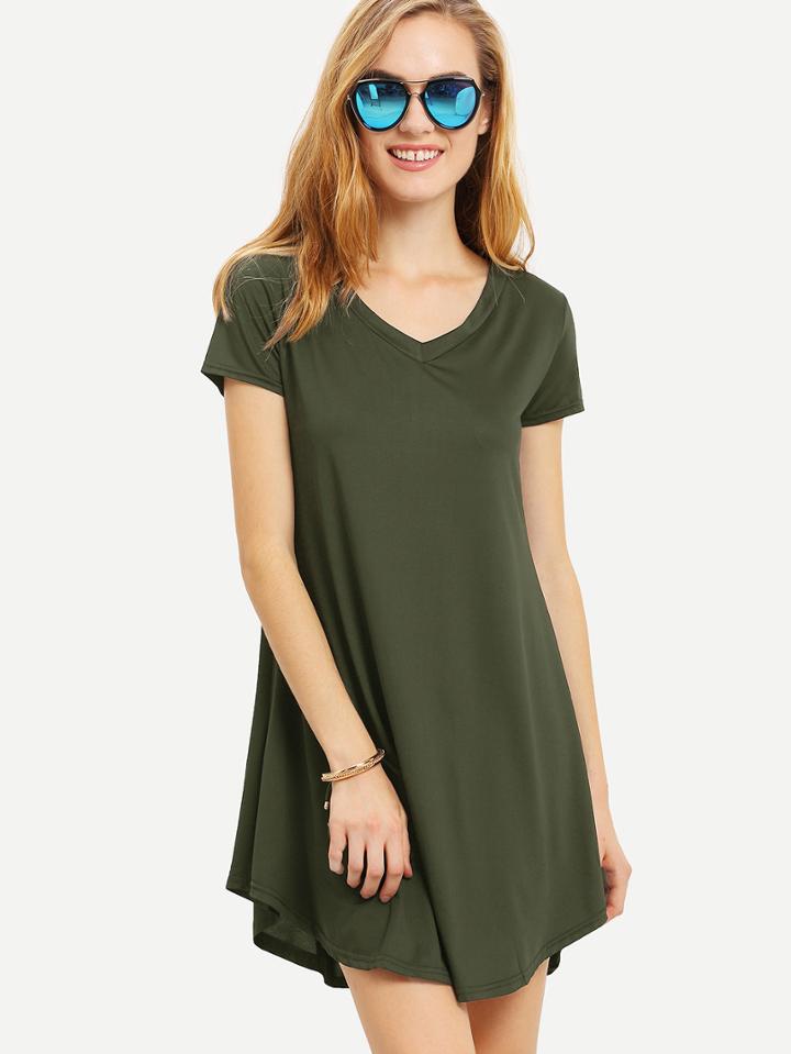 Shein Olive Green V Neck0 Swing Tee Dress
