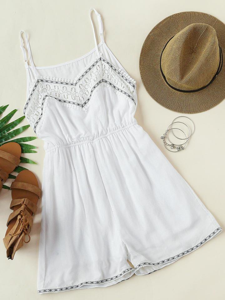 Shein Embroidered Tape Detail Crochet Panel Cami Romper