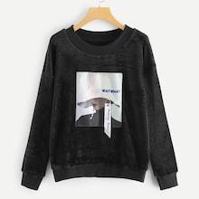 Shein Plus Figure Print Drop-shoulder Teddy Sweatshirt