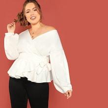 Shein Plus Lantern Sleeve Wrap Peplum Top