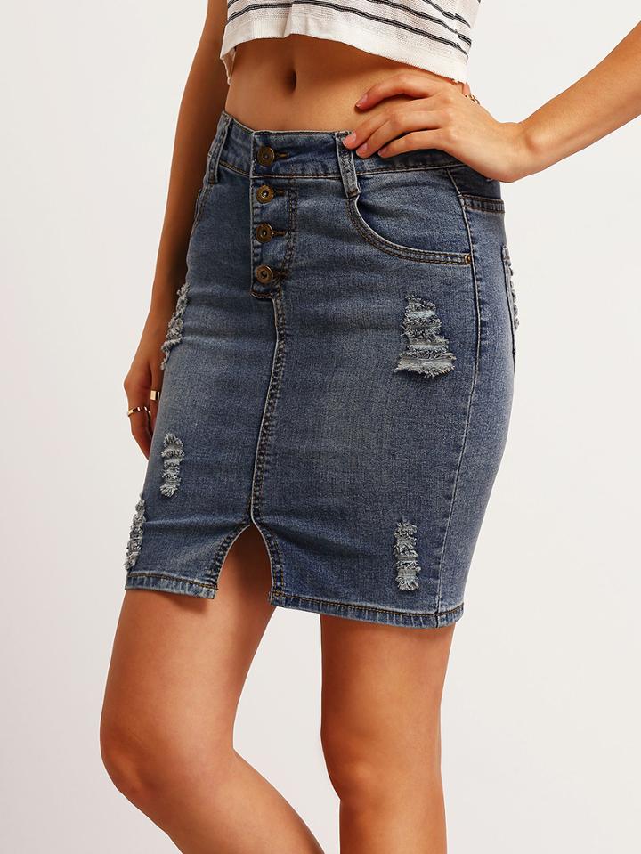Shein Blue Ripped Bleached Split Denim Skirt