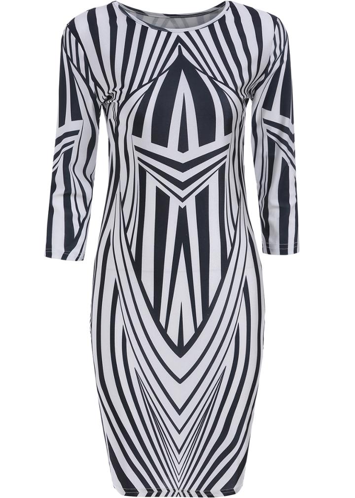 Shein Black White Round Neck Striped Bodycon Dress
