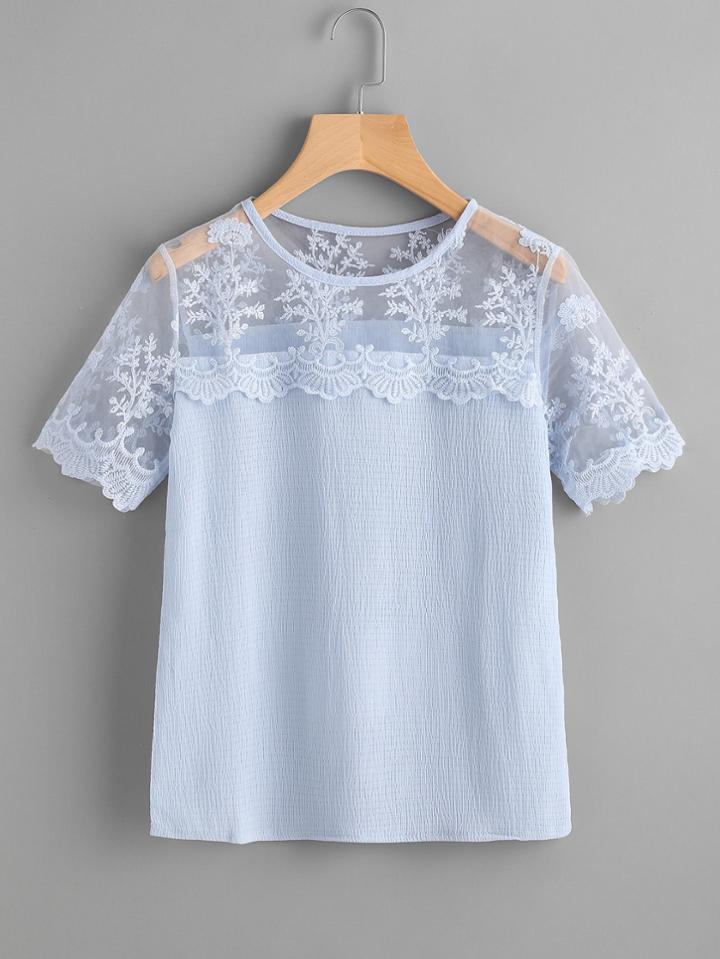 Shein Embroidery Mesh Panel Scallop Trim Blouse
