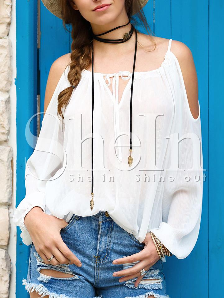 Shein White Cold Shoulder Self-tie Neck Blouse