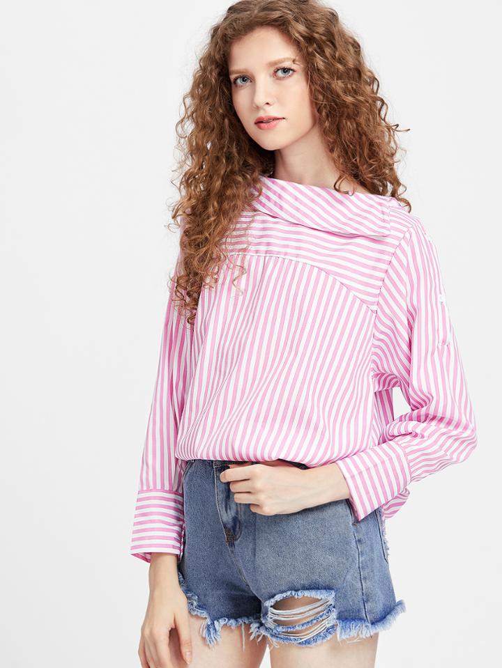 Shein Fold Over Neckline Pinstripe Curved Hem Top
