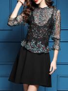 Shein Blue Leaves Print Crochet Combo Dress