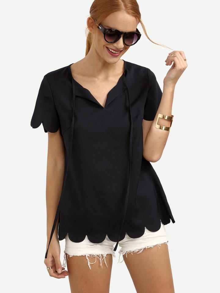 Shein Tied Scallop Hem V-cut Blouse