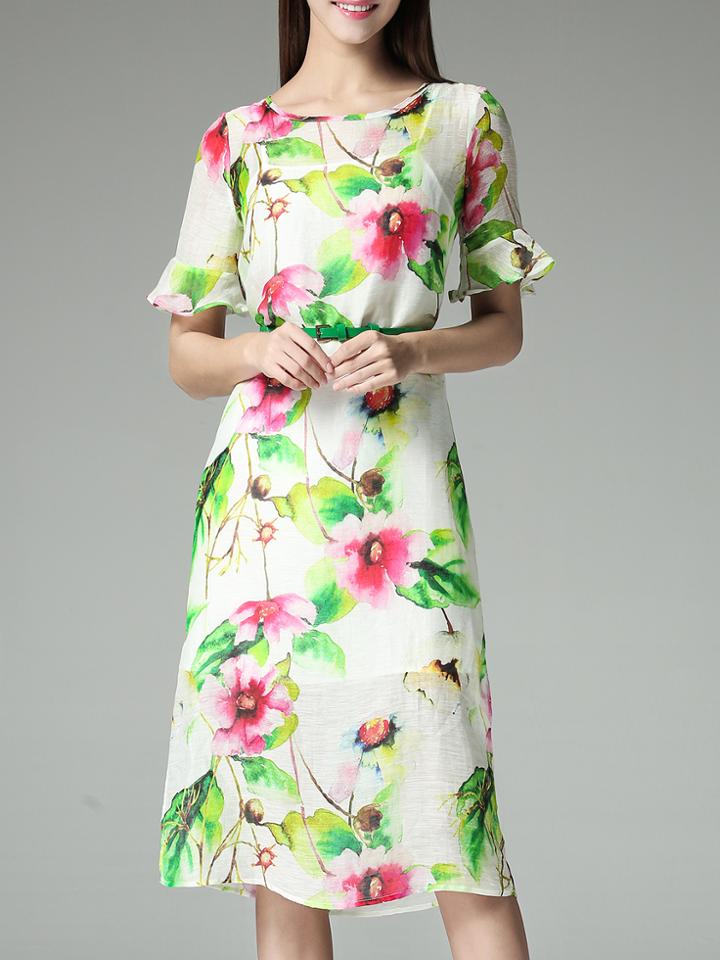 Shein White Bell Sleeve Floral Belted Split Dress