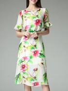 Shein White Bell Sleeve Floral Belted Split Dress
