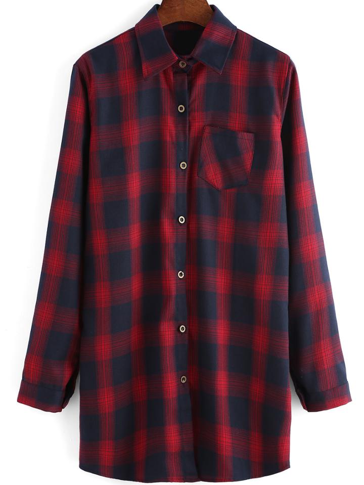 Shein Red Blue Lapel Plaid Pocket Loose Blouse