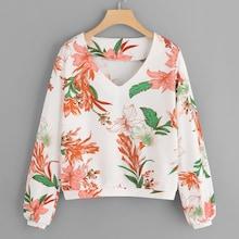 Shein V Neck Botanical Print Sweatshirt