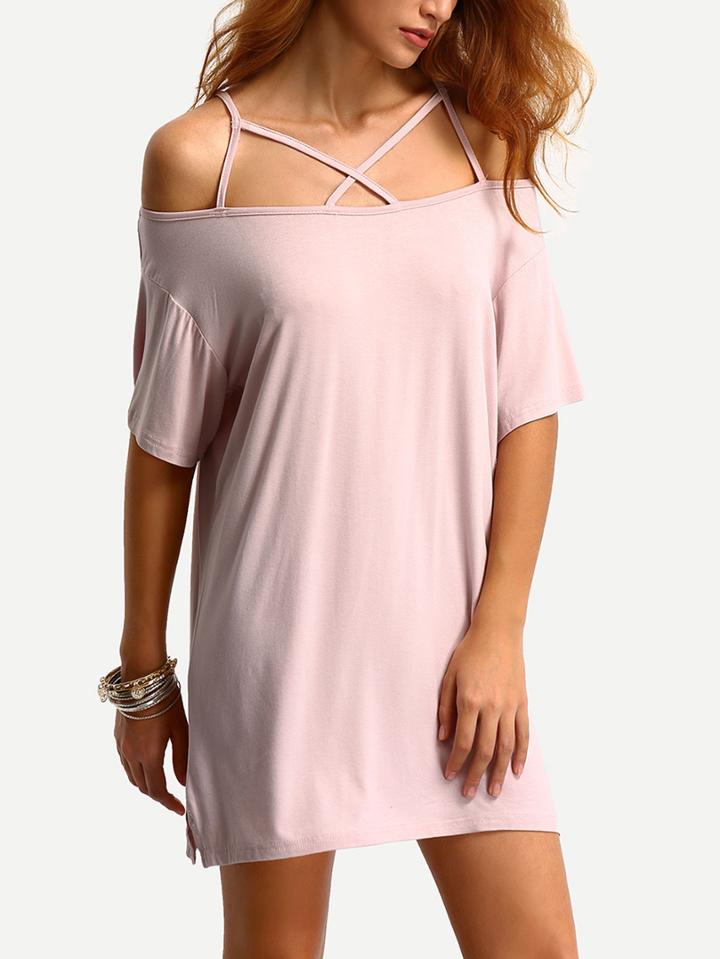 Shein Off-the-shoulder Crisscross Dress - Light Pink