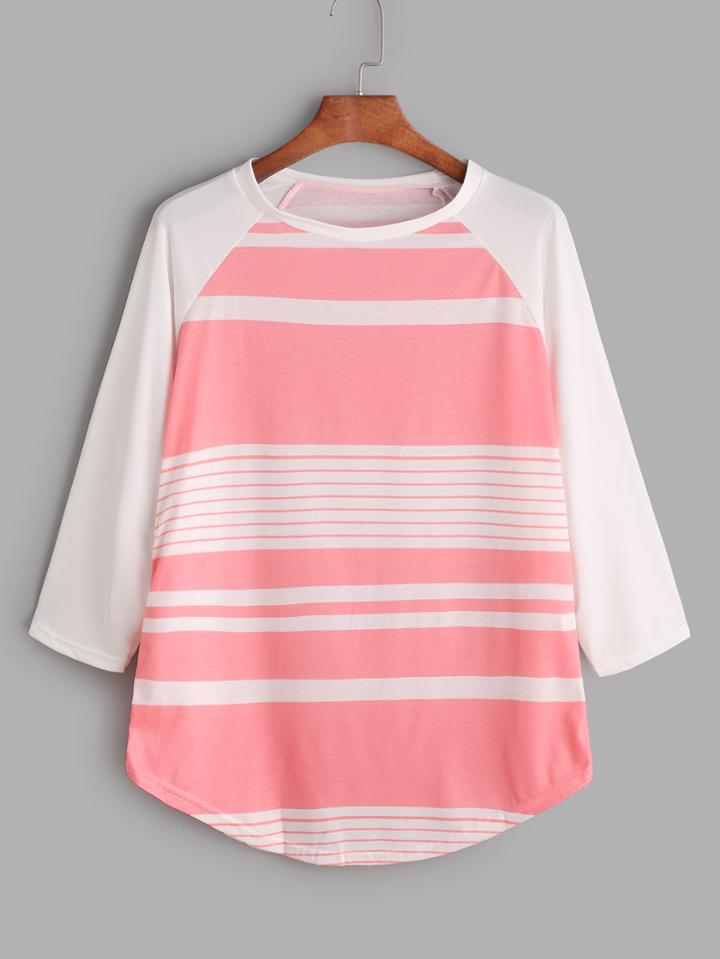 Shein Contrast Raglan Sleeve Curved Hem Striped T-shirt