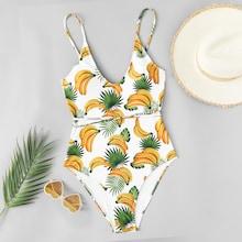Shein Random Banana & Leaf Print Low Back Swimsuit
