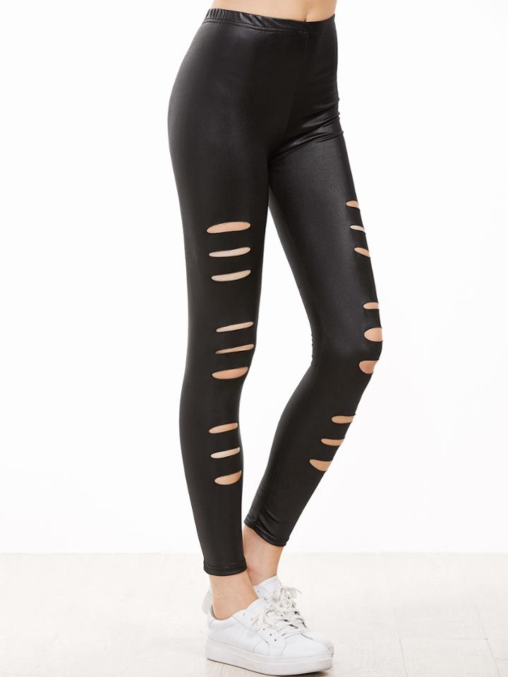 Shein Black Ripped Faux Leather Leggings