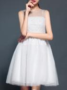 Shein White Organza Beading Contrast Lace A-line Dress