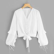 Shein Ruffle Trim Drawstring Sleeve Knot Hem Blouse