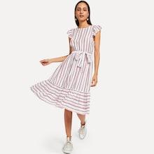 Shein Ruffle Hem Flutter Sleeve Belted Striped Dress