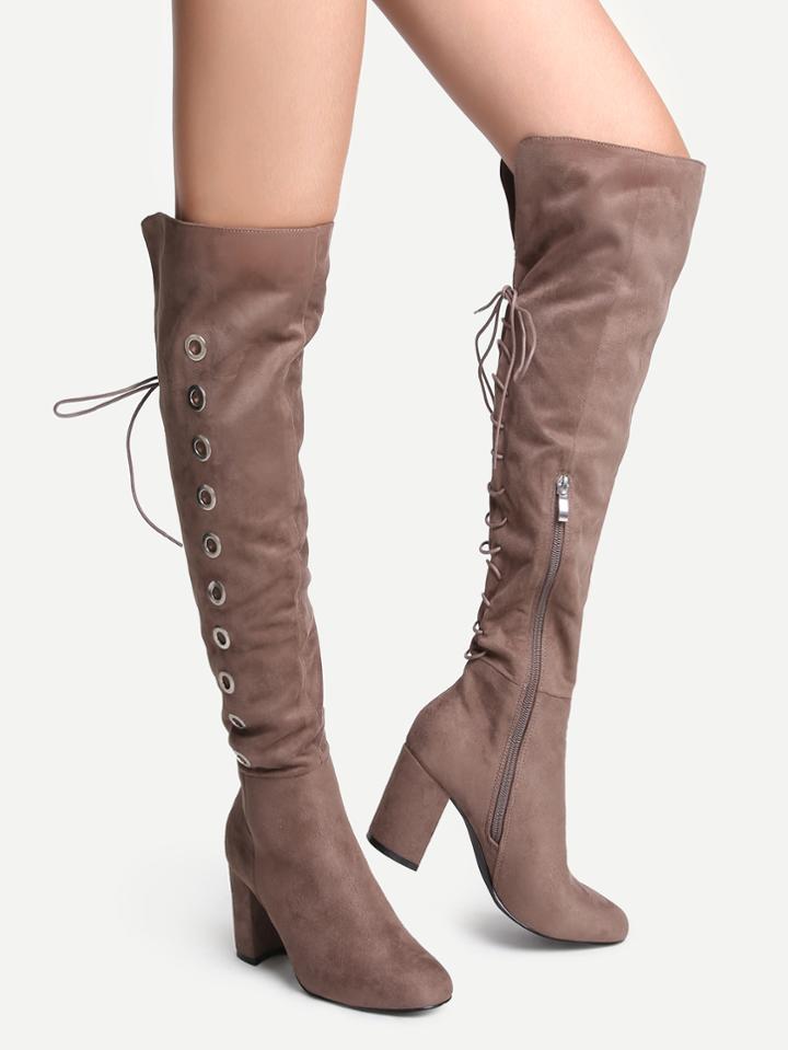 Shein Khaki Point Toe High Heel Knee Boots