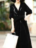 Shein Black V Neck Pockets Tie-waist Maxi Dress