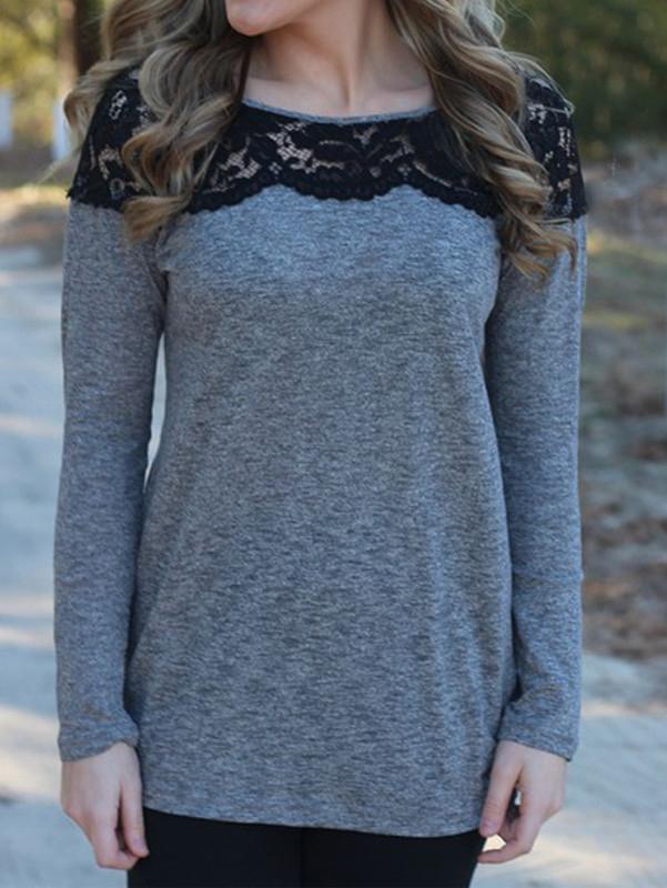 Shein Long Sleeve Lace Insert T-shirt