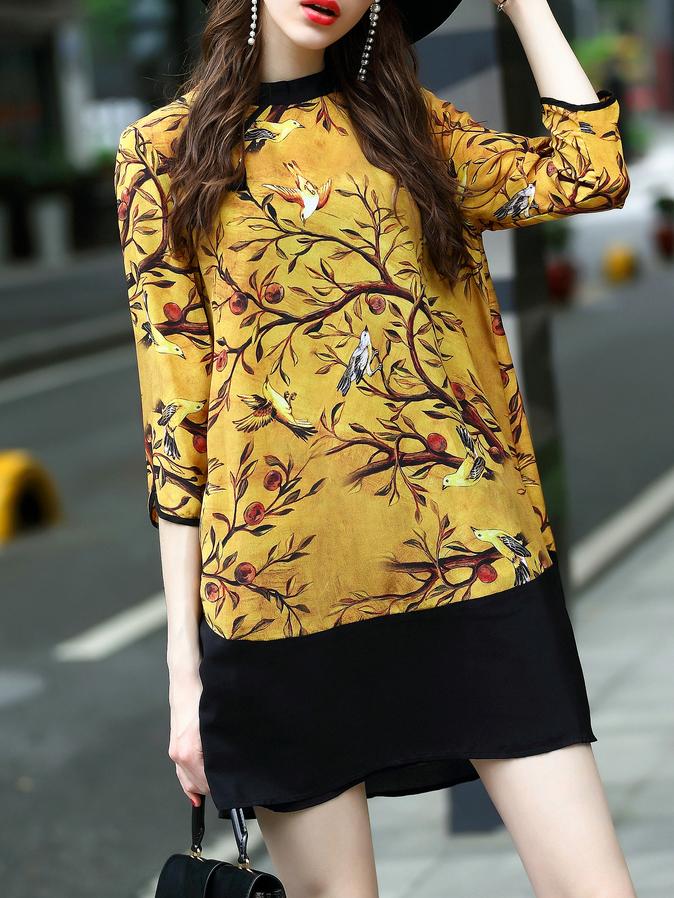 Shein Birds Print Hollow Shift Dress