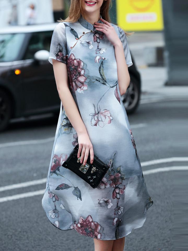Shein Grey Vintage Print Split Shift Dress