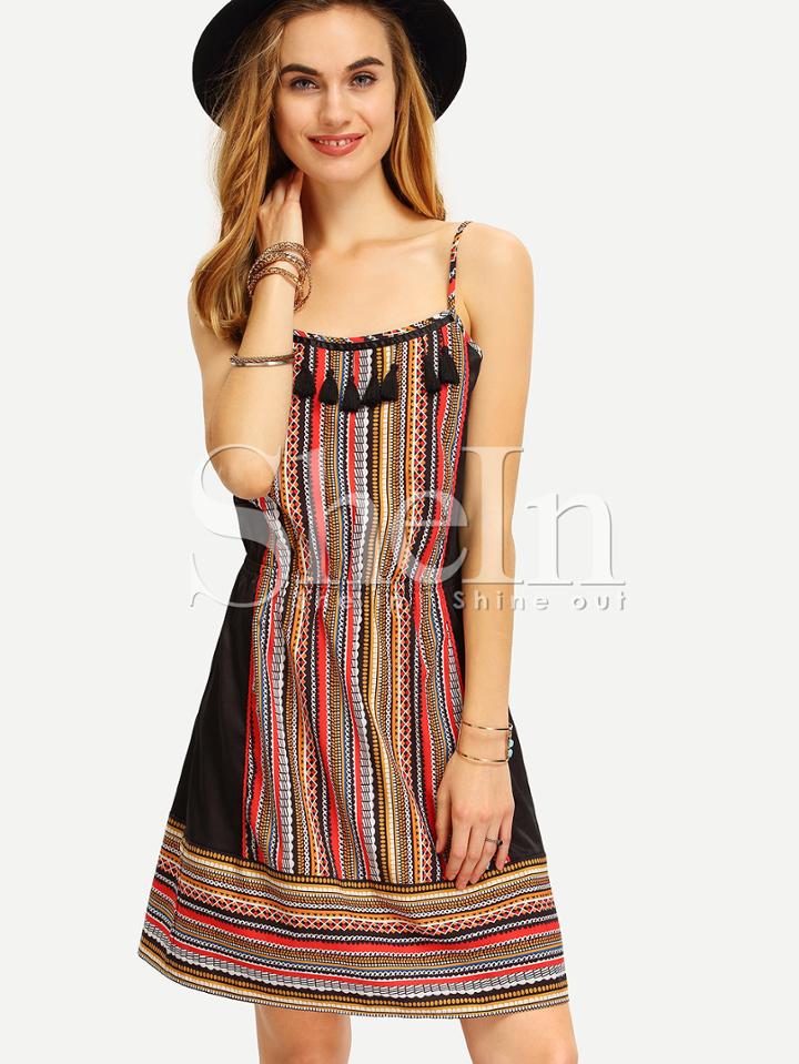 Shein Multicolor Spaghetti Strap Tassel Boho Shift Dress