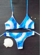 Rosewe Strappy Padded Blue And White Print Bikini Set